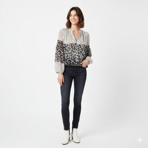 *Joie Black White Floral Chiffon Light Weight Peasant Top Puff Sleeves Blouse